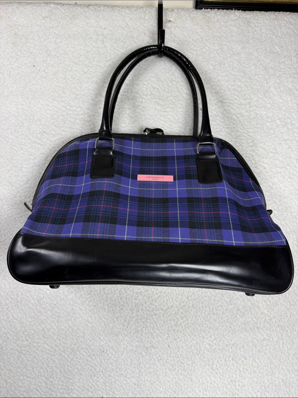 (T1)Liz Claiborne,large vintage Purple Plaid Dome Satchel Handbag with Black T